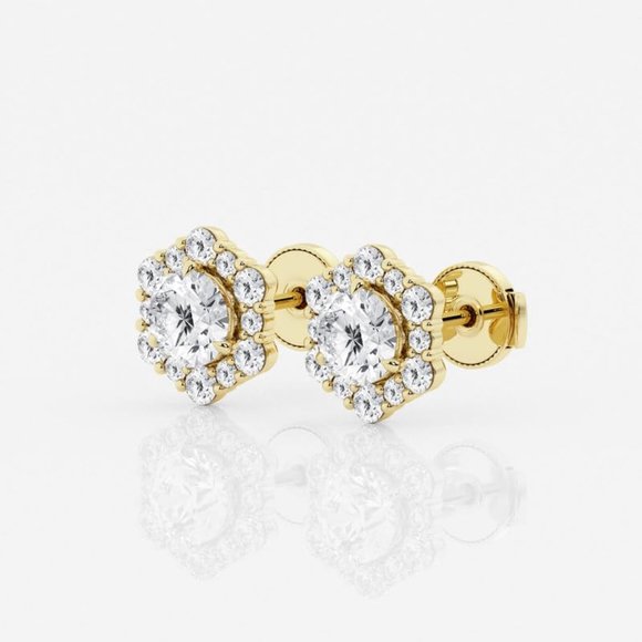 2.0 CTW Round Excellent Moissanite Hexagon Shaped Halo Stud Earrings - Picture 4 of 5